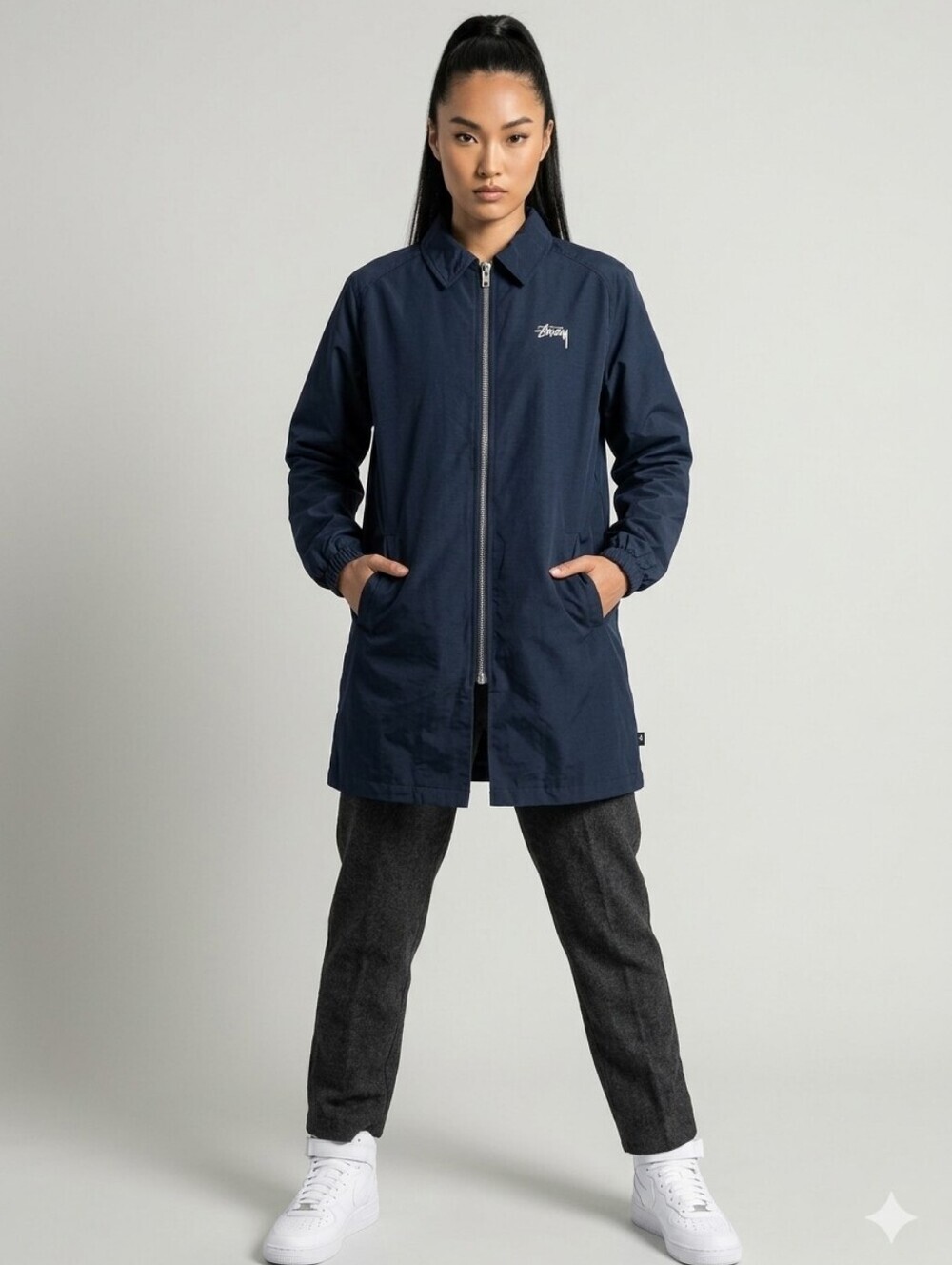 STUSSY NAVY LONG ZIP WINDBREAKER JACKET SIZE LARGE